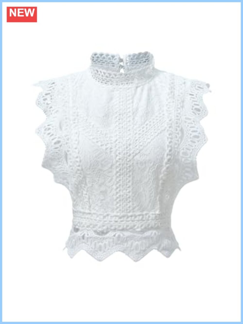 Lace Cut Out Mock Neck Sleeveless Blouse Scallop Trim Top